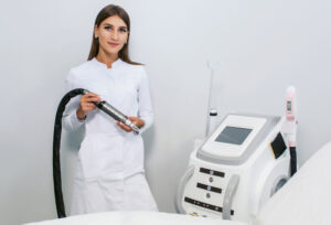 脱毛器具を持つ女性の医師